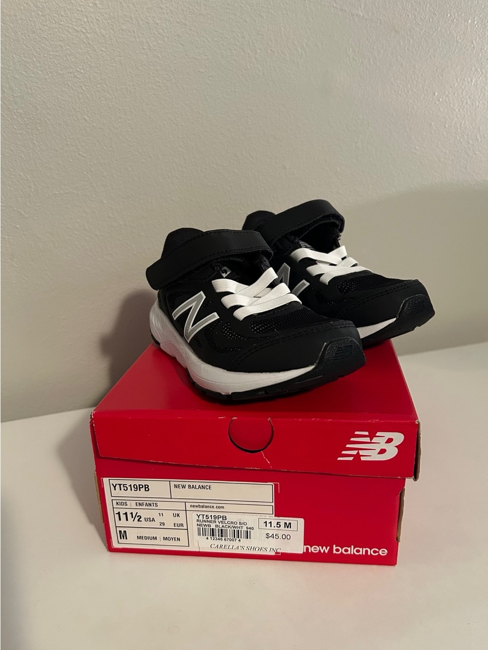 New Balance Kids Black and White Velcro Lace-Up Sneakers